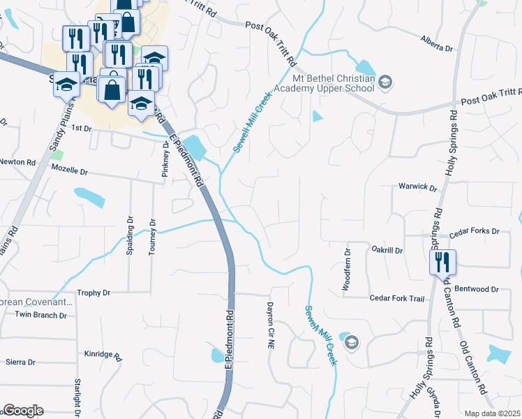 map of restaurants, bars, coffee shops, grocery stores, and more near 2280 Piedmont Forest Drive in Marietta