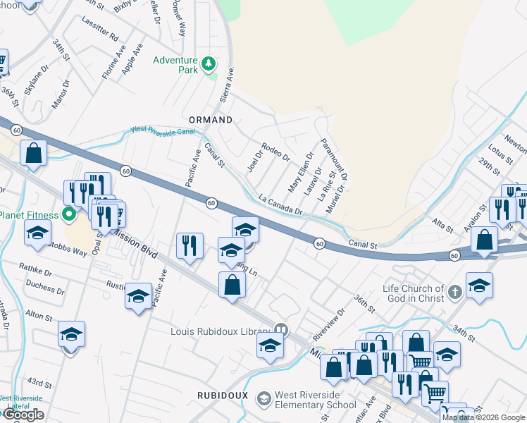 map of restaurants, bars, coffee shops, grocery stores, and more near 5982 Canal Street in Riverside