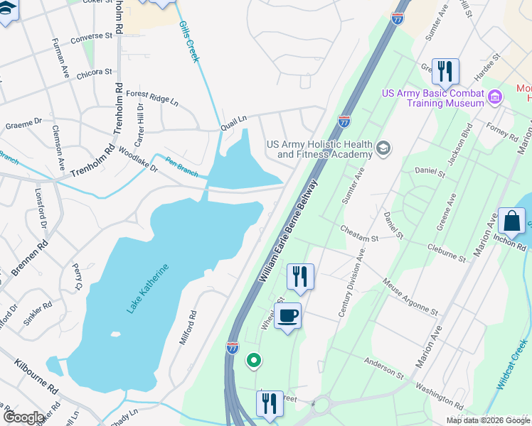 map of restaurants, bars, coffee shops, grocery stores, and more near 1731 Shady Lane in Columbia
