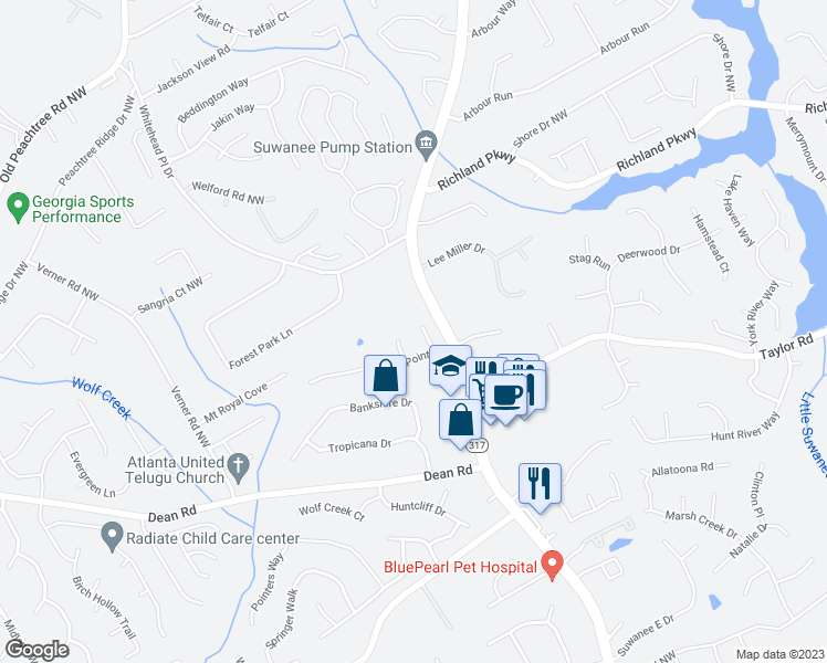 map of restaurants, bars, coffee shops, grocery stores, and more near 2262 Ashley Falls Lane Northwest in Suwanee