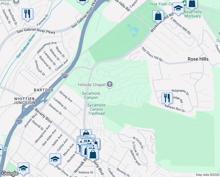 map of restaurants, bars, coffee shops, grocery stores, and more near 3888 Workman Mill Road in Whittier