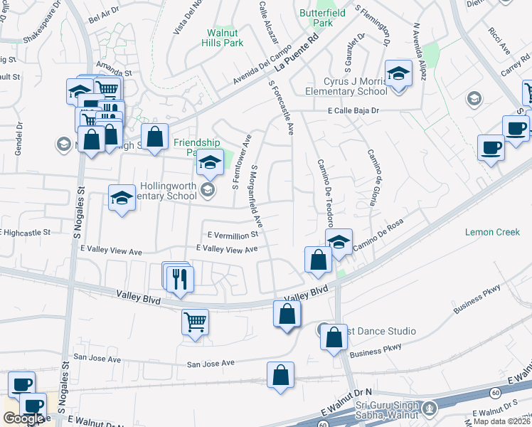 map of restaurants, bars, coffee shops, grocery stores, and more near 3145 E Merrygrove St in West Covina