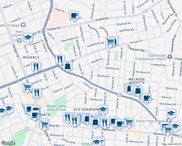 map of restaurants, bars, coffee shops, grocery stores, and more near 907 Tree Street in Columbia