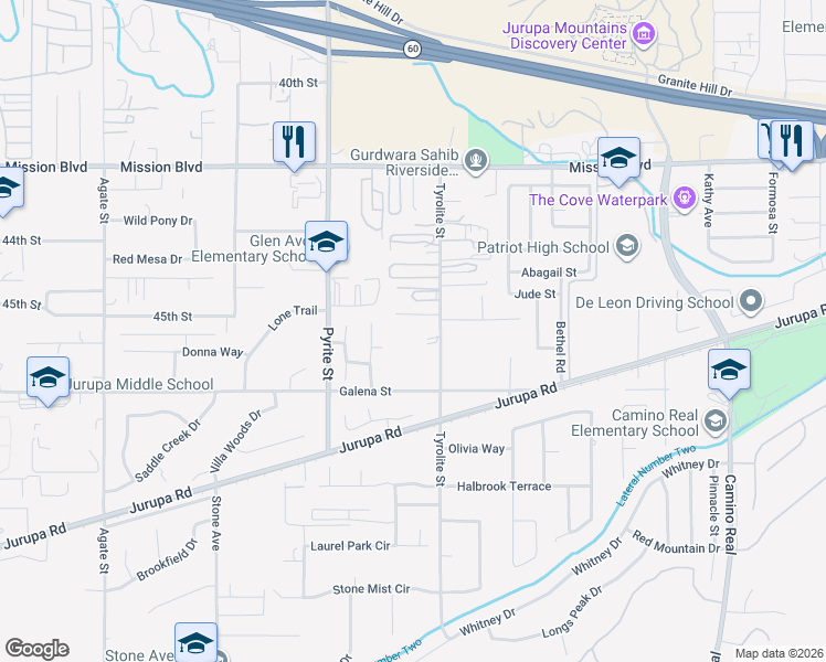 map of restaurants, bars, coffee shops, grocery stores, and more near 4481 Tyrolite Street in Riverside