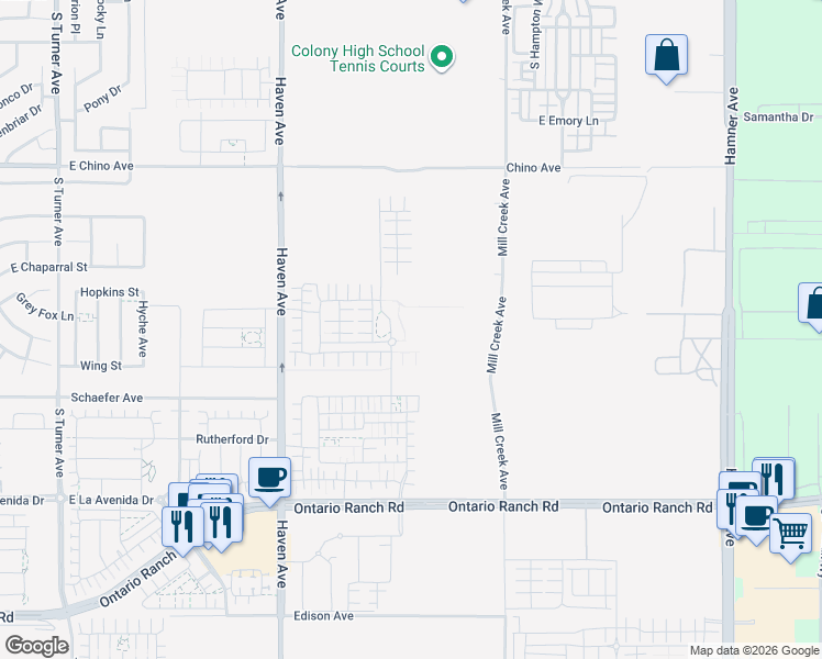 map of restaurants, bars, coffee shops, grocery stores, and more near 13661 South Haven Avenue in Ontario