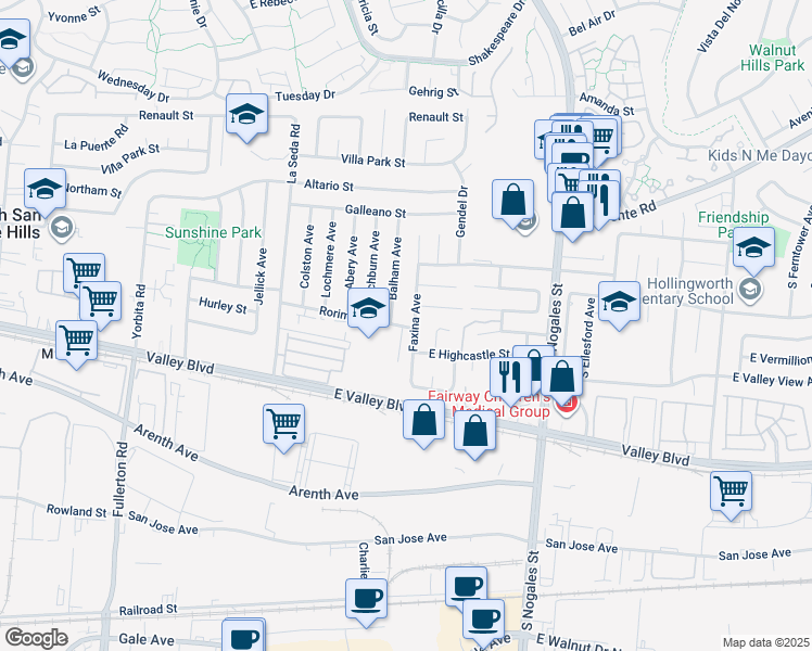 map of restaurants, bars, coffee shops, grocery stores, and more near 566 Faxina Avenue in La Puente