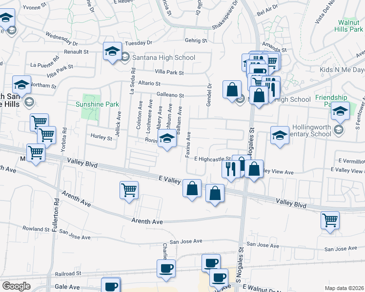 map of restaurants, bars, coffee shops, grocery stores, and more near 566 Faxina Avenue in La Puente