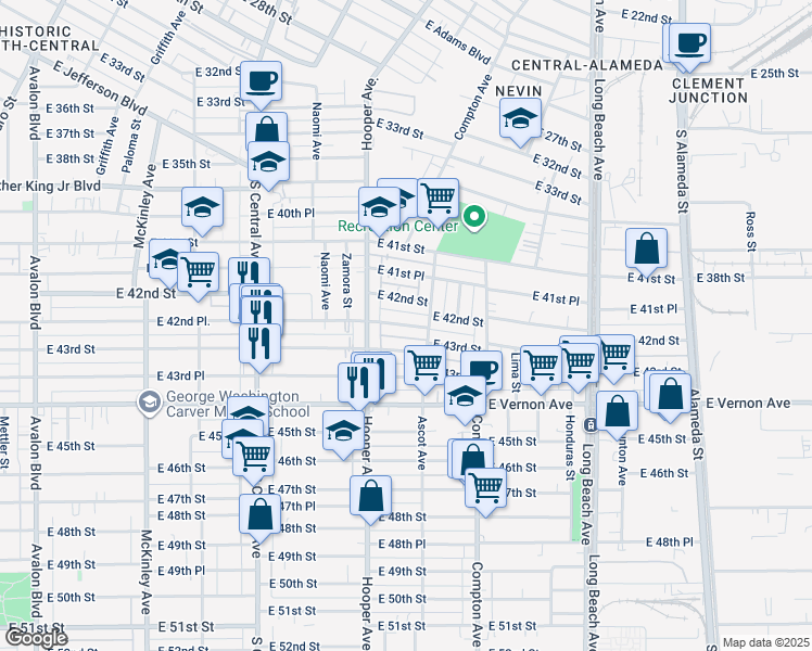map of restaurants, bars, coffee shops, grocery stores, and more near 1330 East 42nd Place in Los Angeles