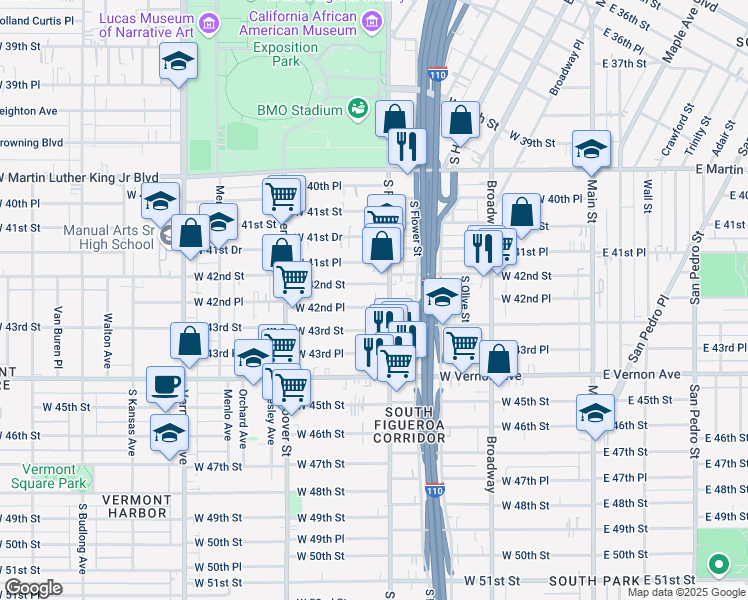 map of restaurants, bars, coffee shops, grocery stores, and more near 533 West 42nd Place in Los Angeles