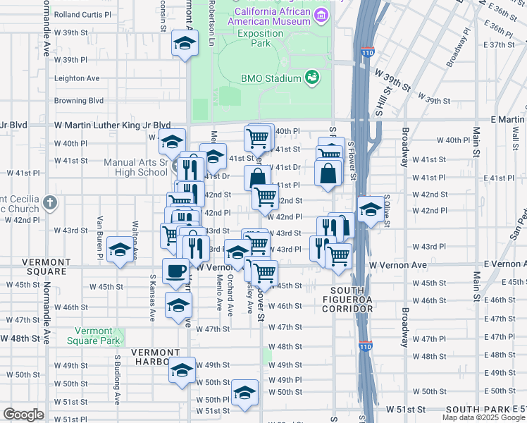 map of restaurants, bars, coffee shops, grocery stores, and more near 4216 South Hoover Street in Los Angeles