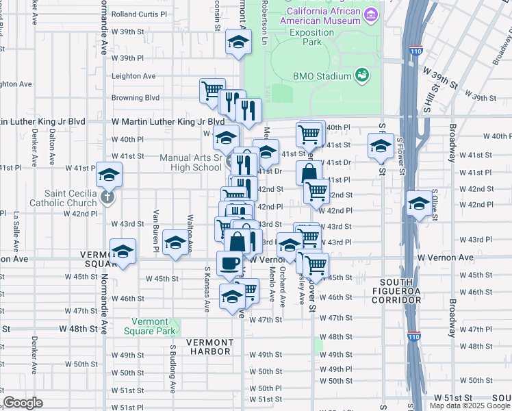 map of restaurants, bars, coffee shops, grocery stores, and more near 4222 Menlo Avenue in Los Angeles