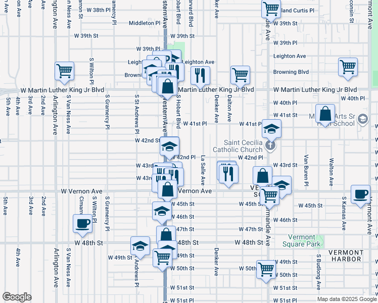 map of restaurants, bars, coffee shops, grocery stores, and more near 4224 South Harvard Boulevard in Los Angeles