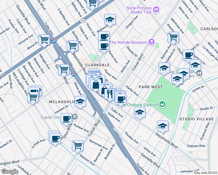 map of restaurants, bars, coffee shops, grocery stores, and more near 4178 Commonwealth Avenue in Culver City
