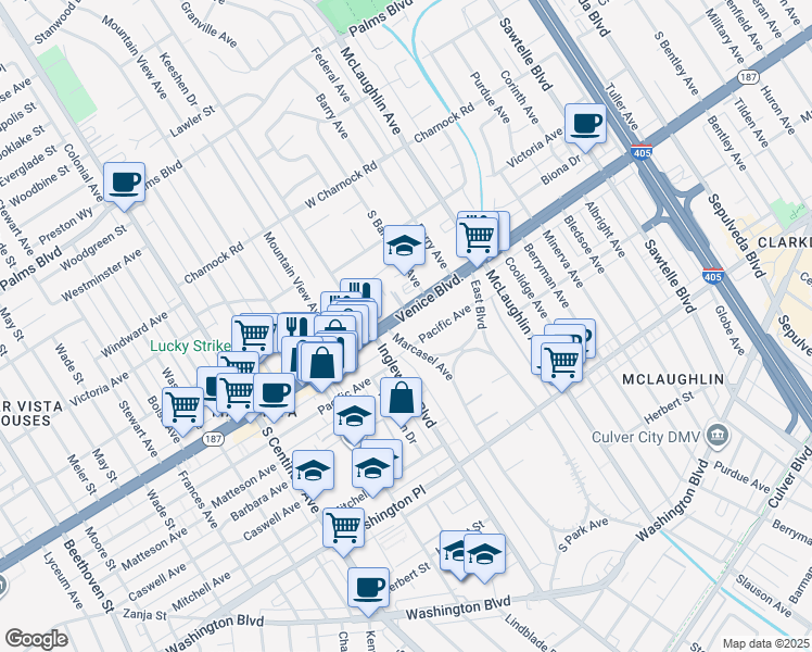 map of restaurants, bars, coffee shops, grocery stores, and more near 11944 1/2 Venice Boulevard in Los Angeles
