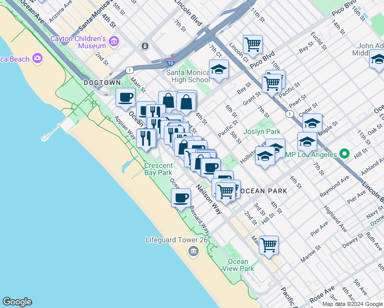 map of restaurants, bars, coffee shops, grocery stores, and more near 2101 Main Street in Santa Monica