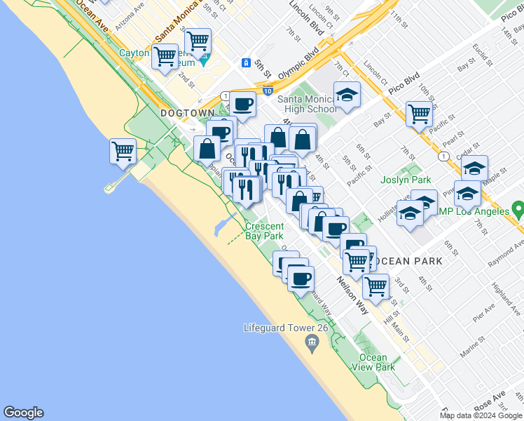 map of restaurants, bars, coffee shops, grocery stores, and more near in Santa Monica