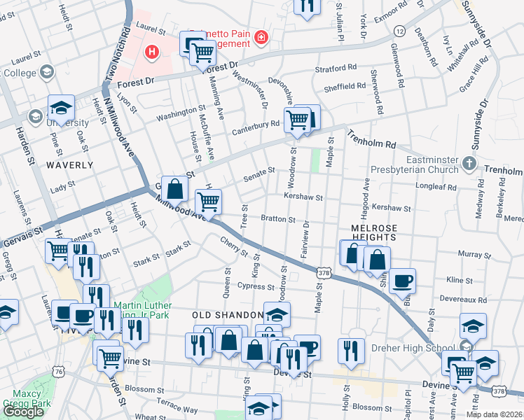 map of restaurants, bars, coffee shops, grocery stores, and more near 1208 King Street in Columbia
