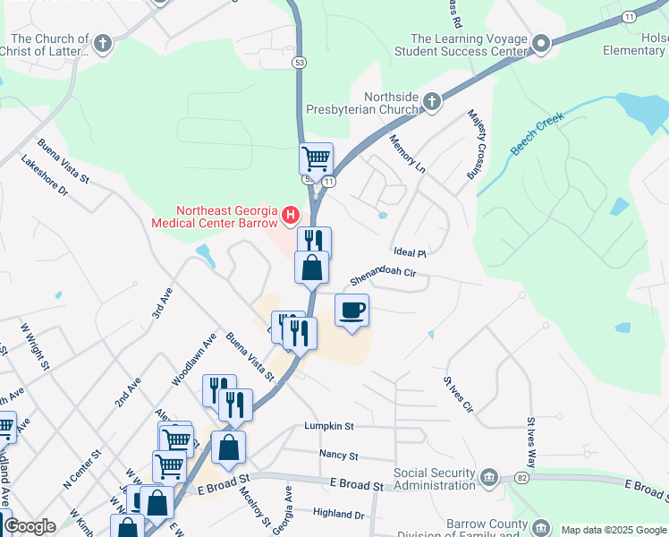 map of restaurants, bars, coffee shops, grocery stores, and more near 307 North Broad Street in Winder