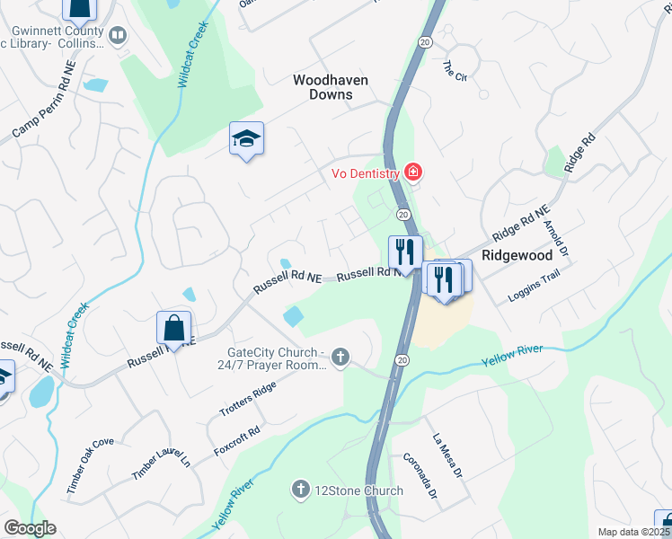 map of restaurants, bars, coffee shops, grocery stores, and more near 547 Russell Road in Lawrenceville