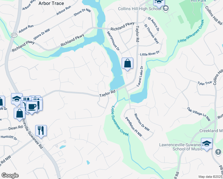 map of restaurants, bars, coffee shops, grocery stores, and more near 2045 Calmwater Court in Suwanee
