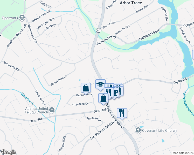 map of restaurants, bars, coffee shops, grocery stores, and more near 2253 Ashley Falls Lane Northwest in Suwanee