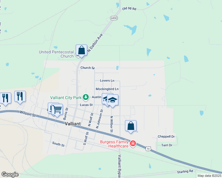 map of restaurants, bars, coffee shops, grocery stores, and more near 406 Wilbur Street in Valliant