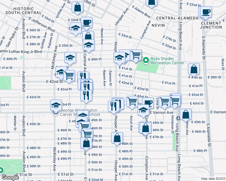 map of restaurants, bars, coffee shops, grocery stores, and more near 1252 East 42nd Place in Los Angeles
