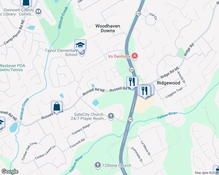 map of restaurants, bars, coffee shops, grocery stores, and more near 563 Russell Road in Lawrenceville
