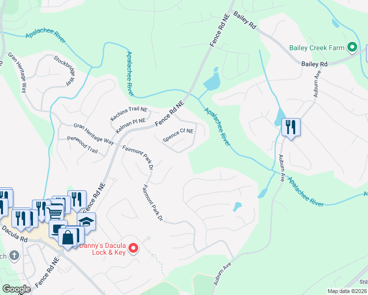 map of restaurants, bars, coffee shops, grocery stores, and more near 2760 Austin Ridge Drive Northeast in Dacula