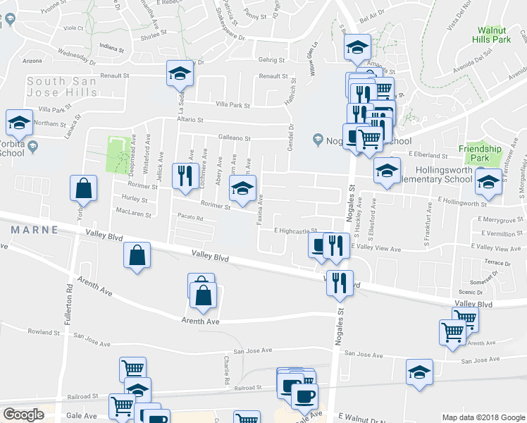 map of restaurants, bars, coffee shops, grocery stores, and more near 566 Faxina Avenue in La Puente