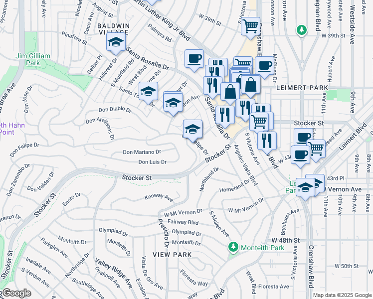map of restaurants, bars, coffee shops, grocery stores, and more near 3829 Don Tomaso Drive in Los Angeles