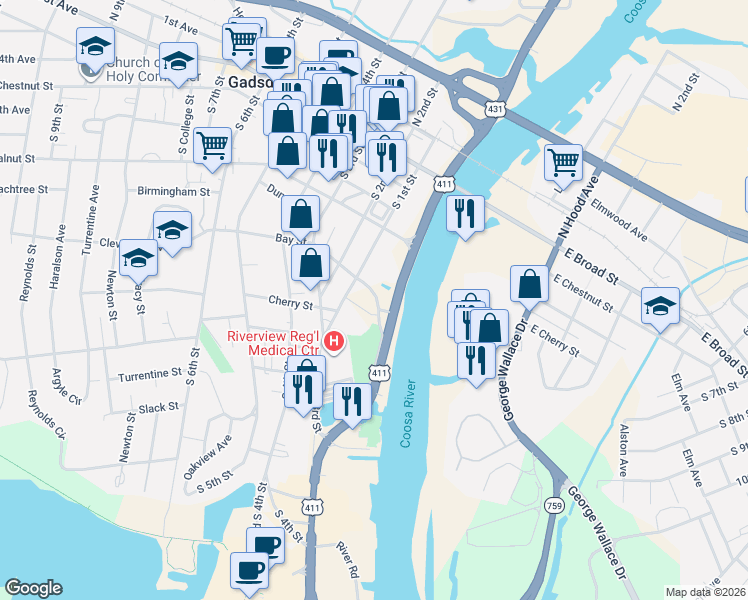 map of restaurants, bars, coffee shops, grocery stores, and more near 400-440 South 1st Street in Gadsden