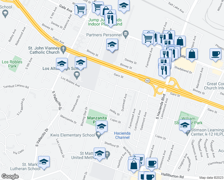 map of restaurants, bars, coffee shops, grocery stores, and more near 1441 Kwis Avenue in Hacienda Heights