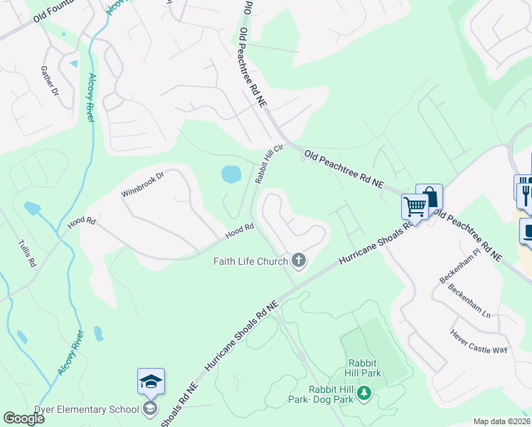 map of restaurants, bars, coffee shops, grocery stores, and more near 2047 Peach Shoals Circle in Dacula