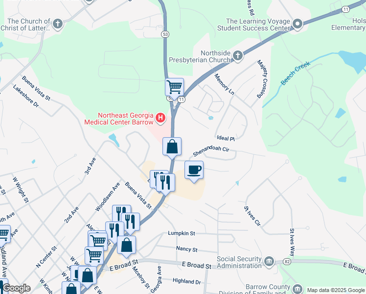 map of restaurants, bars, coffee shops, grocery stores, and more near 307 North Broad Street in Winder