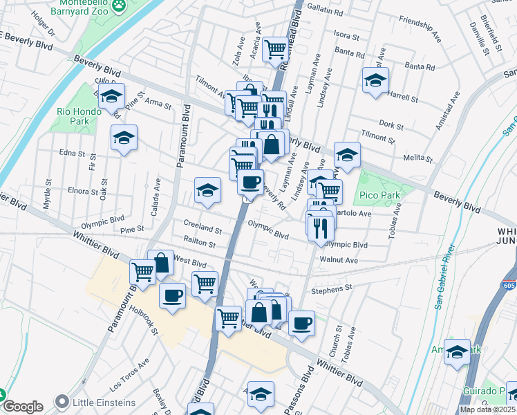 map of restaurants, bars, coffee shops, grocery stores, and more near 4641 Walnut Ave in Pico Rivera