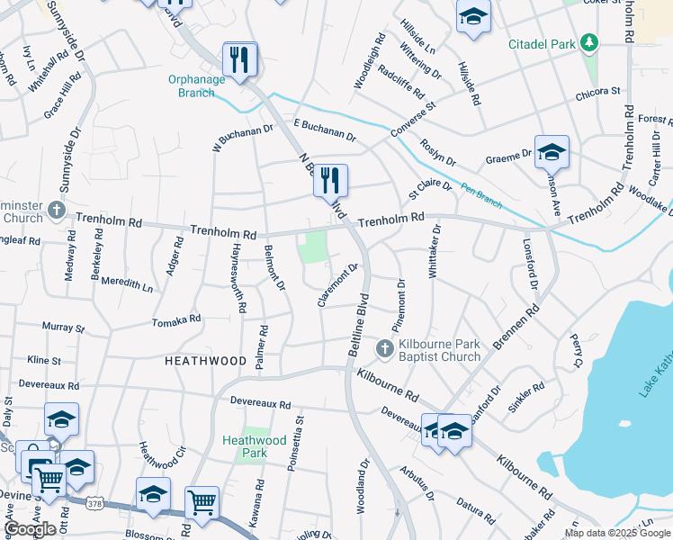 map of restaurants, bars, coffee shops, grocery stores, and more near 4001 Claremont Drive in Columbia