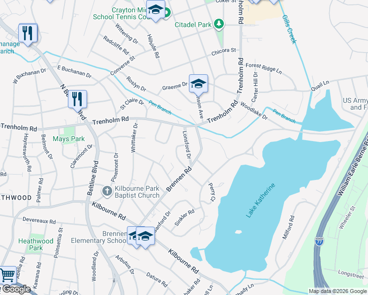map of restaurants, bars, coffee shops, grocery stores, and more near 1539 Lonsford Drive in Columbia