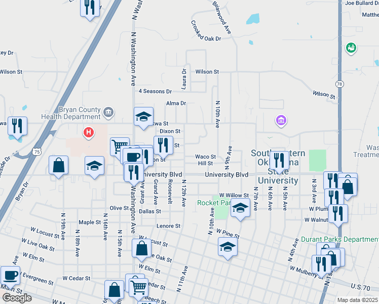 map of restaurants, bars, coffee shops, grocery stores, and more near 1120 Waco Street in Durant