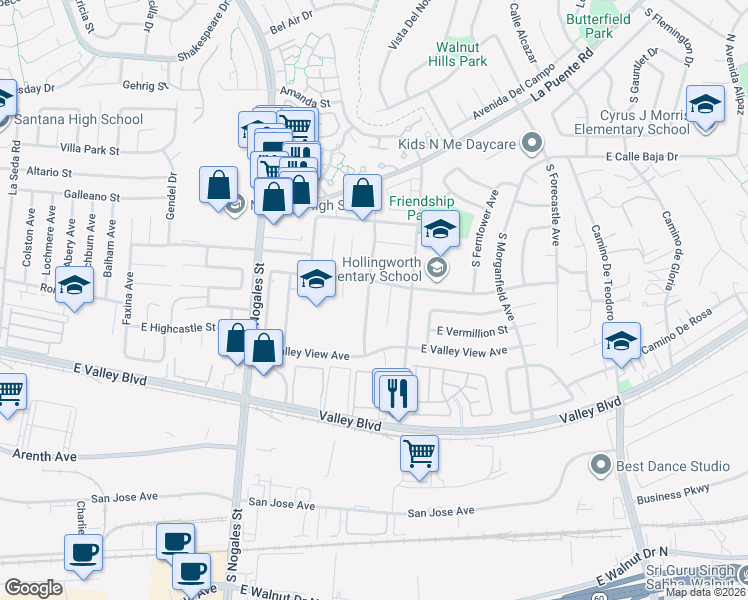map of restaurants, bars, coffee shops, grocery stores, and more near 520 South Frankfurt Avenue in West Covina
