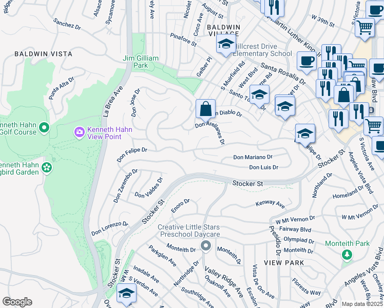map of restaurants, bars, coffee shops, grocery stores, and more near 4300 Don Felipe Drive in Los Angeles