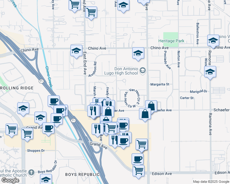 map of restaurants, bars, coffee shops, grocery stores, and more near 13581 Soper Avenue in Chino