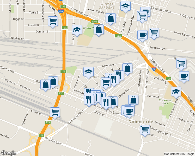 map of restaurants, bars, coffee shops, grocery stores, and more near 5012 Jardine Street in Commerce