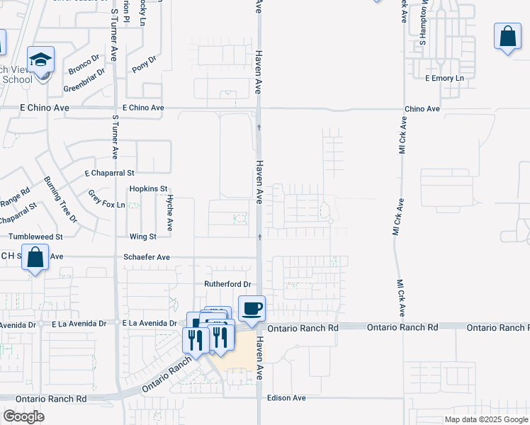 map of restaurants, bars, coffee shops, grocery stores, and more near 3720 South Allston Paseo in Ontario