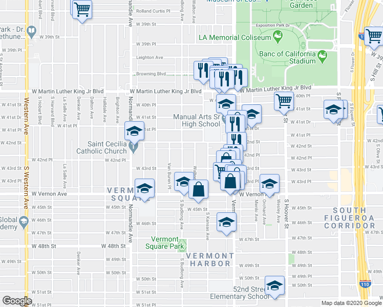 map of restaurants, bars, coffee shops, grocery stores, and more near 4227 Walton Avenue in Los Angeles