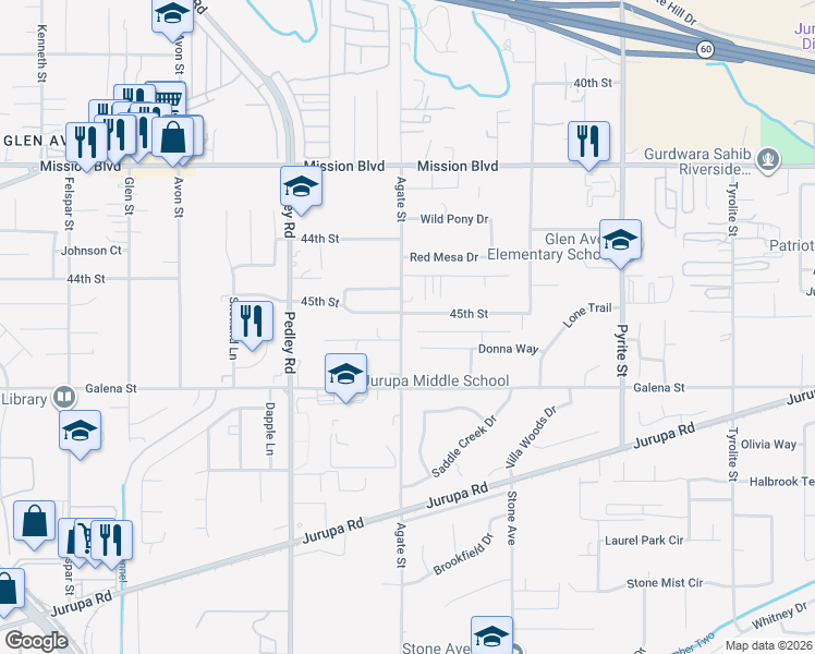 map of restaurants, bars, coffee shops, grocery stores, and more near 4496 Agate Street in Riverside