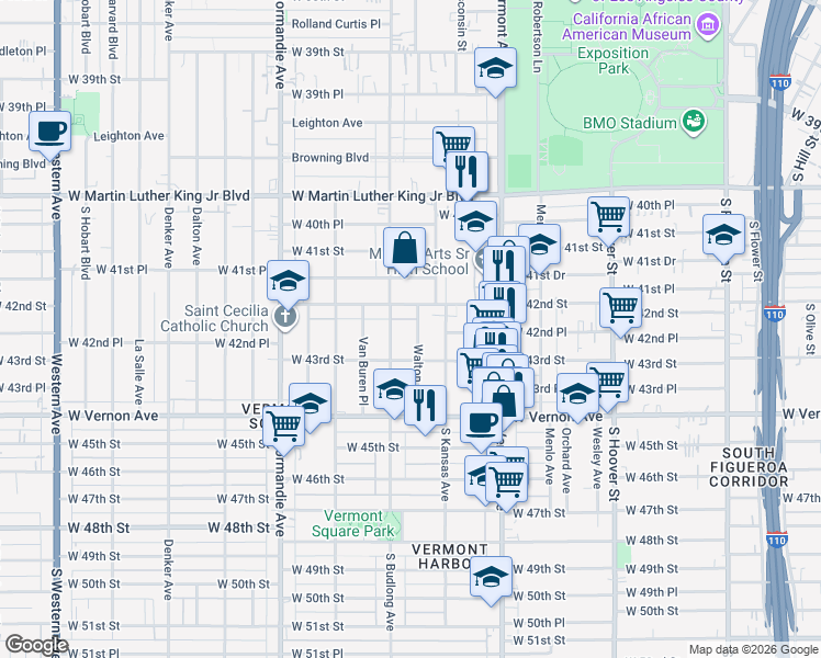 map of restaurants, bars, coffee shops, grocery stores, and more near 4227 Walton Avenue in Los Angeles