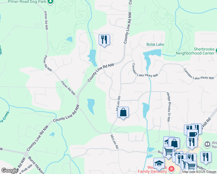 map of restaurants, bars, coffee shops, grocery stores, and more near 5633 Hollowbrooke Lane Northwest in Acworth