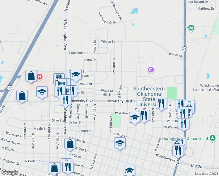 map of restaurants, bars, coffee shops, grocery stores, and more near 1010 Waco Street in Durant
