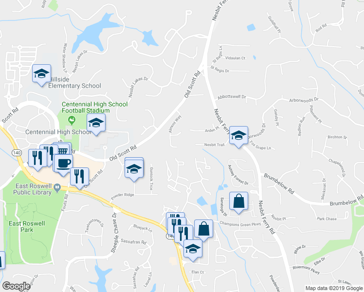 map of restaurants, bars, coffee shops, grocery stores, and more near 2690 Almont Way in Roswell